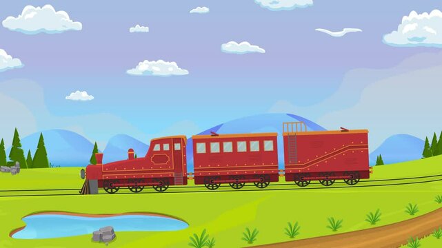 Side view of fast passenger train driving on railroad running in the countryside, village cartoon background