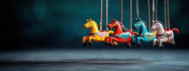 Antique carousel with beautifully painted wooden horses