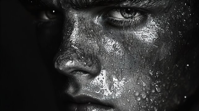 Intense Close-up Portrait of a Man with Sweat Droplets on His Face