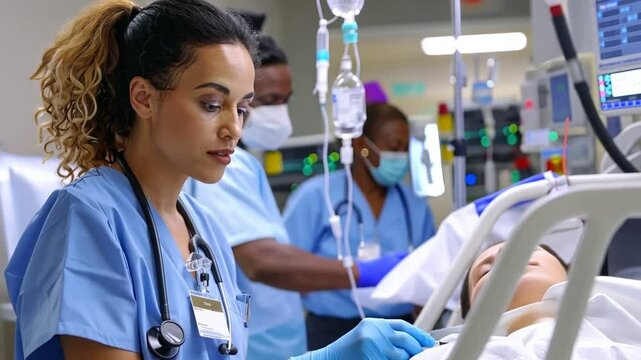 Healthcare professionals assist a patient in a modern hospital setting during critical care hours. Emergency room