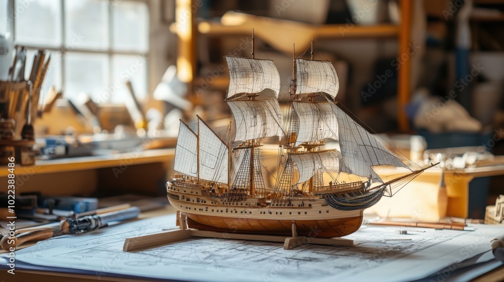 Poster ship model on a table, with blueprints and drafting tools in the background