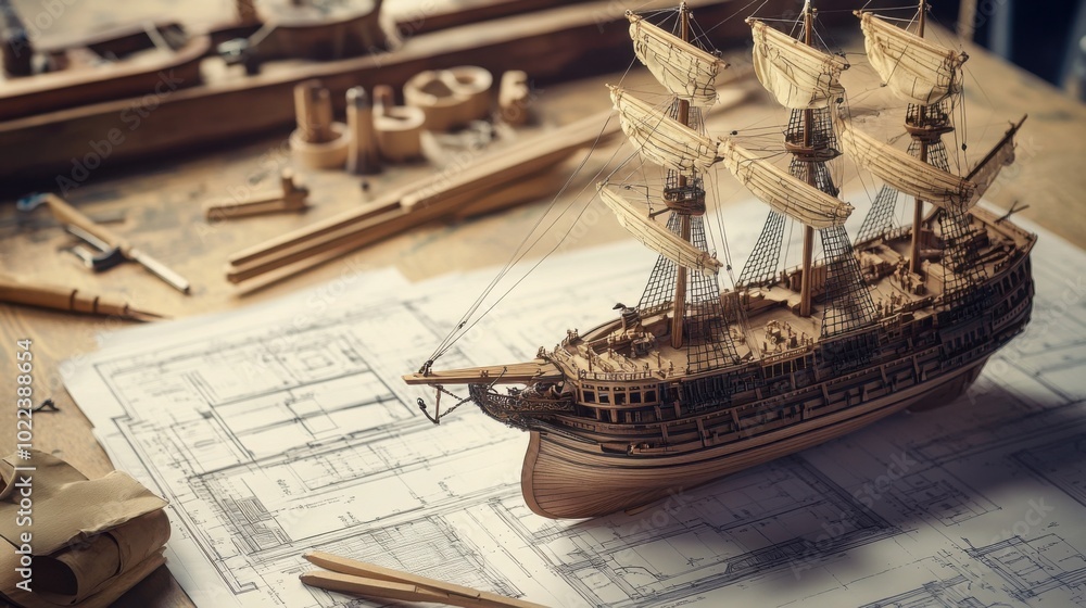 Poster ship model on a table, with blueprints and drafting tools in the background
