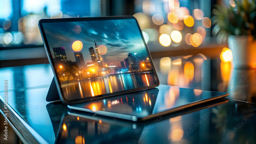 Poster glossy tablet on plain surface: modern device with copy space for remote work concepts, showcasing c
