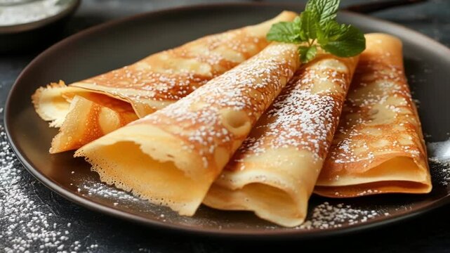 Delicious crepes with powdered sugar and mint, perfect for breakfast or any time. French cuisine favorite, sweet and savory balance. Homemade and satisfying
