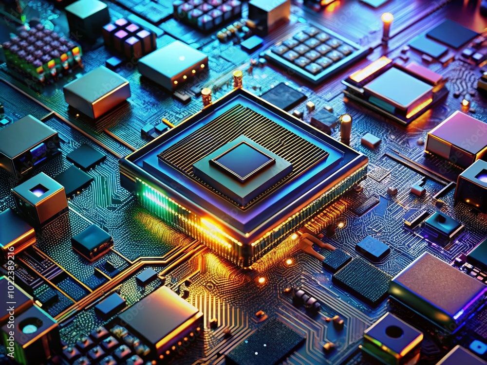 Aufkleber circuit board technology background with central processors and digital chips for ai innovation