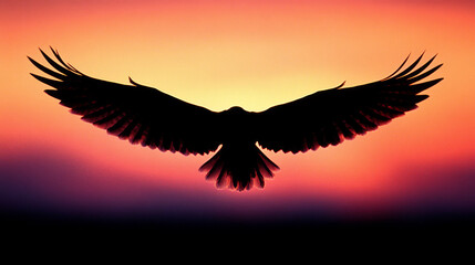 Obraz premium Silhouette of a bird flying against a vibrant sunset.