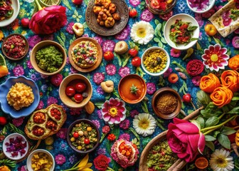 Fototapeta premium Close-Up Floral Fabric with Gourmet Food Arrangement for Stunning Visuals