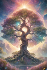  A mysterious towering tree with pastel colors