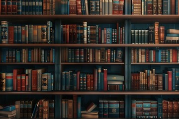 Rows of wooden shelves display a vast collection of academic textbooks and literature, perfect for study and research purposes. Generative AI