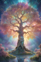  A mysterious towering tree with pastel colors