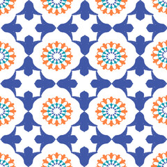 Blue and orange embroidery, motif ethnic ikat seamless textile illustration, print striped ornament, pattern, design for wrapping, silk, scarf, clothing, background, textile, carpets, curtains, etc.