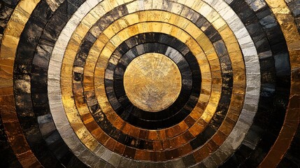 Fototapeta premium Circular patterns radiating outwards, in shades of gold and silver.
