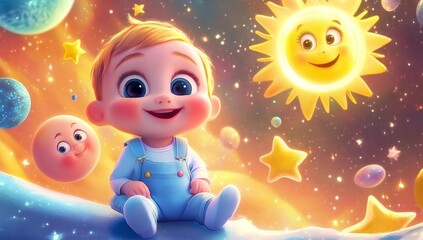 Fototapeta premium Cute Baby in Space with a Smiling Sun