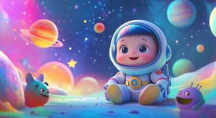 Naklejka premium Baby Astronaut Explores a Colorful Galaxy