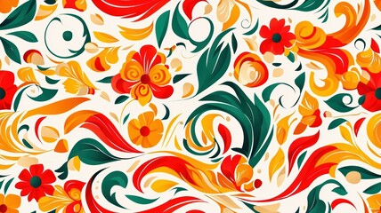 A vibrant floral pattern featuring swirling shapes in red, orange, green, and yellow on a white background.