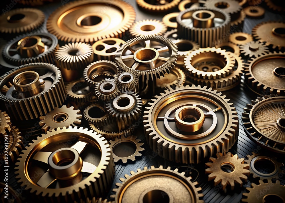 Poster close-up of interconnected gears on black background - complexity and interdependence in motion