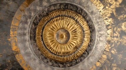 Circular patterns radiating outwards, in shades of gold and silver.



