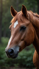 Fototapeta premium Close-up of a brown horse with expressive eyes in a forest setting, nature photography