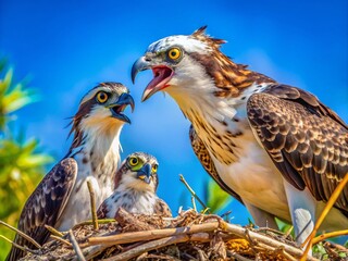 Obraz premium Closeup of Osprey Feeding Baby Chicks in Giant Nest in Orlando Florida