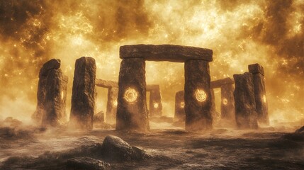 Island stone circle beneath swirling mists, enchanted symbols glowing faintly, steampunk, sketch, sepia tones, intricate linework, wide frame