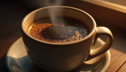 Steaming cup of coffee on a wooden table, warm tones, cozy atmosphere, copy space