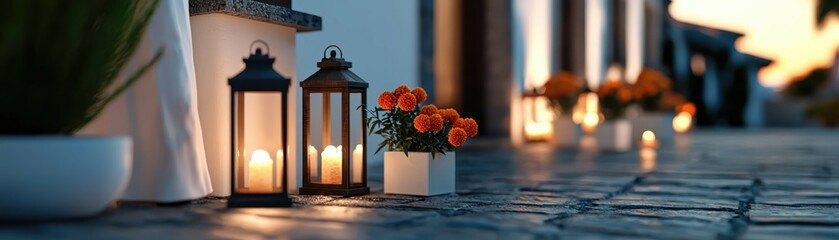 Fototapeta premium A serene outdoor scene featuring lanterns and vibrant flowers along a cobbled pathway, illuminated gently by warm light.
