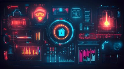 Obraz premium Minimalist circular smart home interface, flat icons for temperature, lighting, and security, cyberpunk-inspired, bright teal and pink accents, digital sketch