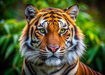 Obraz premium Closeup Portrait of a Majestic Tiger on Lush Green Background for Wildlife Enthusiasts