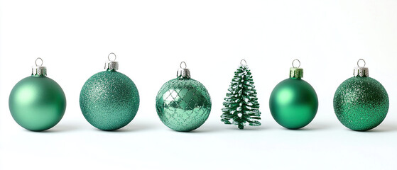 green christmas decorations. shining christmas decorations on white background