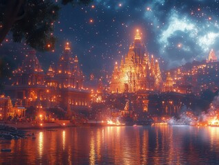 vibrant celebration of maha shivratri, with colorful decorations, devotees in traditional attire, and offerings for lord shiva, all under a starry night filled with spiritual energy and devotion