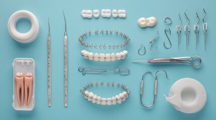 Dental tools and equipment laid out on a blue background, including braces, teeth, a dental floss, and tools.
