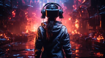 Virtual Reality Experience: A Woman in VR Headset Stands in a Virtual World with Fire and Destruction