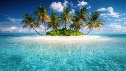 A small, tropical island with palm trees and white sand beach in clear blue water under a bright blue sky.