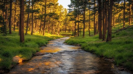 Fototapeta premium A small stream flows through a lush forest, the sun setting behind the tall trees creating a warm golden glow on the water.
