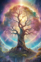  A mysterious towering tree with pastel colors