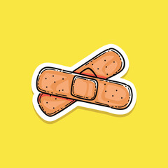 Vector illustration sticker style of bandage elastic medical plasters set isolated on yellow background. Art design medical elastic patch. 