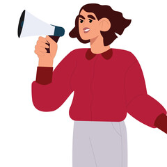 Vector illustration of a woman with a red skirt, a pink shirt, and an ash skirt holding a speaker with a gesture talking.