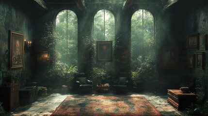 Overgrown Interior: A Sunlit Room in an Abandoned Mansion
