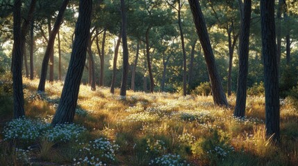 Obraz premium Sunlight streams through the trees in a dense forest, illuminating a carpet of wildflowers.