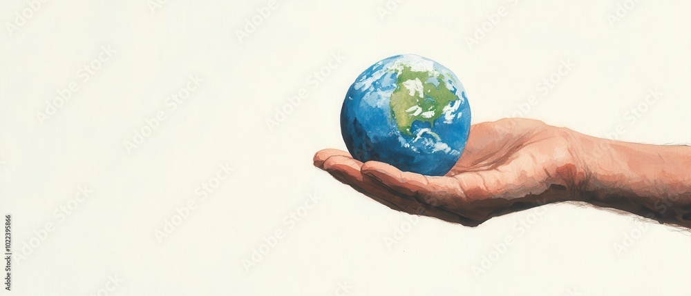 Poster Hand Holding Earth Watercolor Painting.