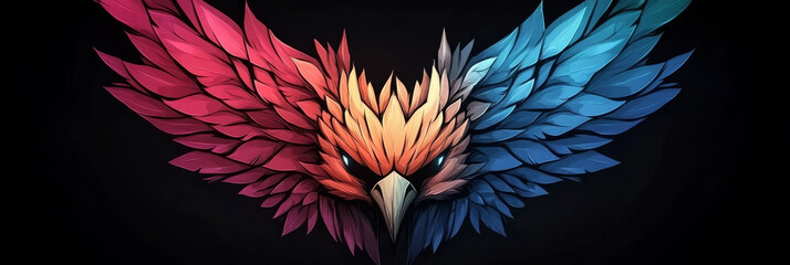 Obraz premium Abstract colorful bird with wings spread wide against a dark background.