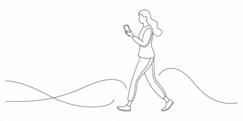 Continuous Line Drawing of a Woman Walking with Smartphone - Minimalist PNG Image