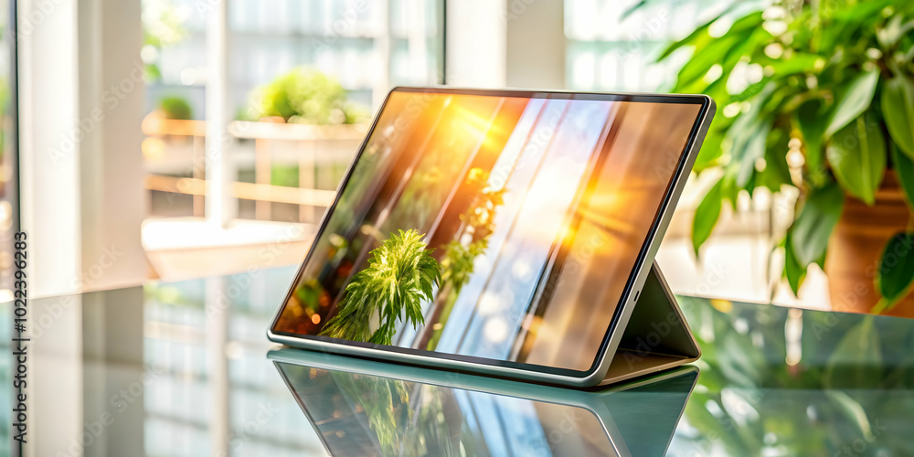 Poster glossy tablet on plain surface with generous copy space: a sleek modern device symbolizing connectiv