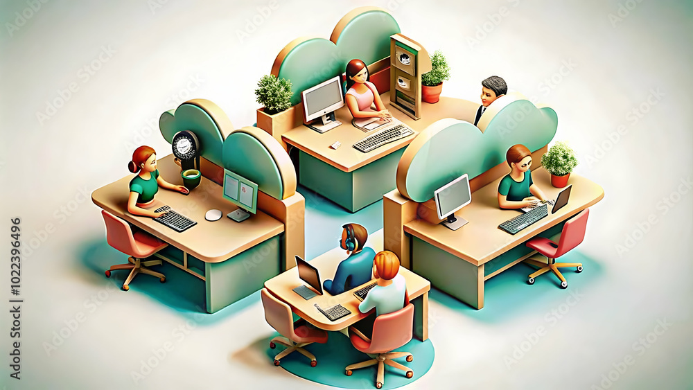 Poster candid photograph of cloud service support team assisting customers in open office environment with 