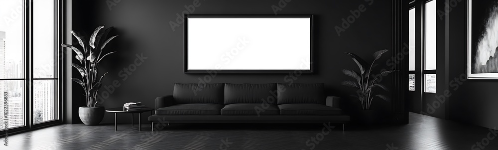 Poster a modern black interior featuring a minimalist couch, large empty frame, and greenery, creating an e