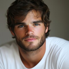Fototapeta premium A close-up portrait of a young man with a charming smile and expressive eyes, exuding confidence and warmth.