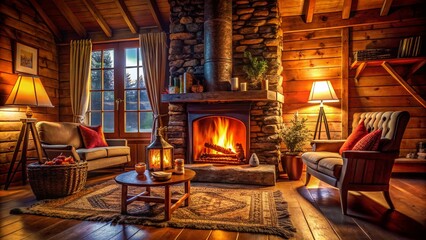Cozy Fireplace Flames: Documenting the Warmth of Burning Wood in a Rustic Setting