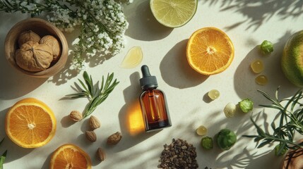 Top view photo for advertising use of cream, body lotion, watery products, serums in bottles containing natural ingredients and decorated around with natural ingredients and flowers.