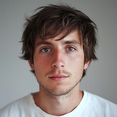 Fototapeta premium A contemplative young man with tousled hair, gazing thoughtfully at the camera against a neutral background.