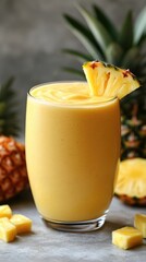 Delicious pineapple smoothie surrounded by fresh tropical fruit